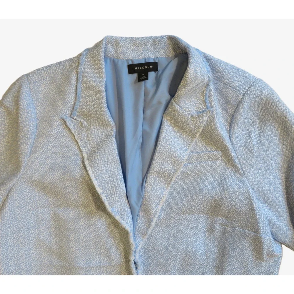 NWT 2X Halogen Blue Textured Fray Hem Blazer Ruched Sleeve Hook & Eye Closure - Picture 9 of 14